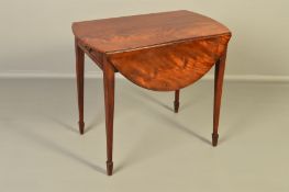 A GEORGE III MAHOGANY OVAL PEMBROKE TABLE, rounded ends, fitted with a drawer and a dummy drawer, on
