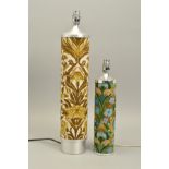 TWO VINTAGE LAMPS, circa 1970's, aluminium tops and bases, patterned fabric bodies, heights