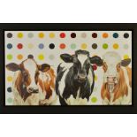 HAYLEY GOODHEAD (BRITISH CONTEMPORARY) 'DAMIEN'S HERD', Damien Hirst meets a herd of cows!, a