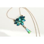 AN ENAMEL PENDANT NECKLACE, of foliate design suspending an elongated triangular panel in blue and