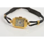 A MID 1930'S 18CT GOLD CASED WRISTWATCH, rectangular case, Arabic numeral dial, Glasgow import