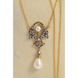 A CULTURED PEARL AND DIAMOND PENDANT, of double wing style design set with brilliant cut diamonds