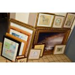 A COLLECTION OF PICTURES AND PRINTS to include a large ornate gilt framed print of a sailing boat