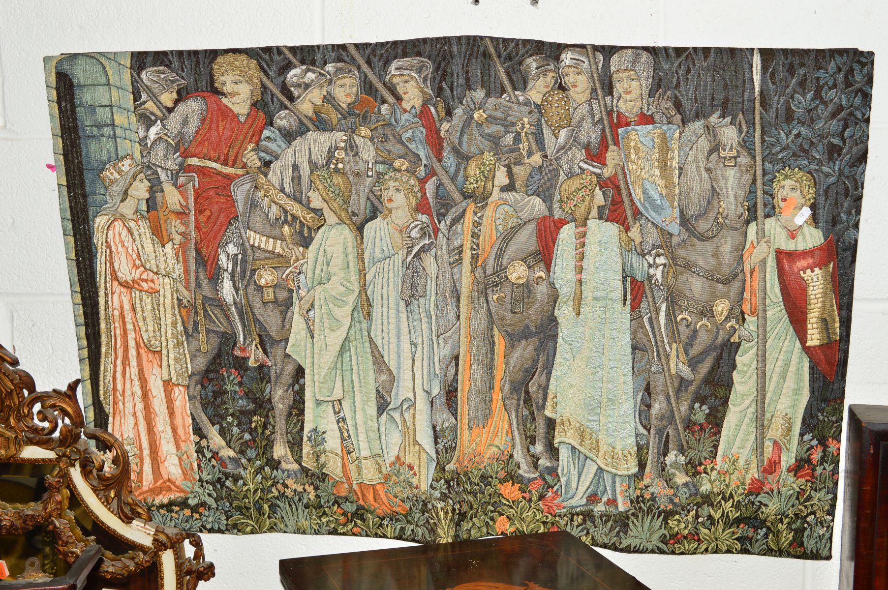 A 20TH CENTURY WALL TAPESTRY of a Medieval scene, 107cm x 67cm