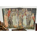 A 20TH CENTURY WALL TAPESTRY of a Medieval scene, 107cm x 67cm