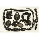 A SELECTION OF JET, FRENCH JET, BOG OAK AND VULCANITE JEWELLERY AND JEWELLERY PIECES, to include two