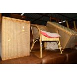 A GILT PAINTED LLOYD LOOM THREE PIECE BEDROOM SET, comprising of a bedroom chair, ottoman and