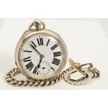 A SILVER PLATED ACHILLE POCKET WATCH, with Albert chain and fob, damaged white enamel Roman
