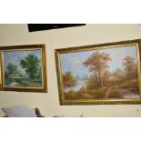 A PAIR OF OIL ON CANVAS PICTURES , the first is a Continental landscape depicting a cottage beside a