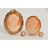 A CAMEO PENDANT, BROOCH AND PAIR OF STUD EARRINGS, all cameos depicting a lady in profile, the