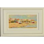 HELIOS GISBERT (SPANISH 1958) 'SEASIDE REFLECTIONS 1', a harbour scene at low tide, signed bottom