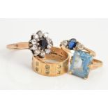 THREE 9CT GOLD RINGS AND A GOLD PLATED RING, the first a 9ct gold ring with rectangular blue gem