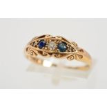 A 9CT GOLD SAPPHIRE AND DIAMOND RING, designed as a graduated row of two circular sapphires and