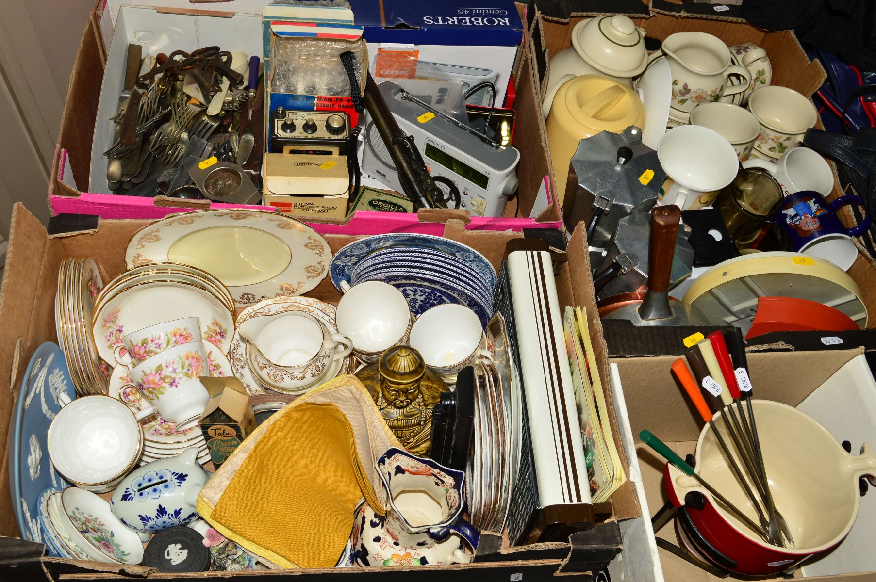 FOUR BOXES OF TEA/KITCHEN WARES etc, to include Colclough and Royal Vale, Myott 'Old Willow',