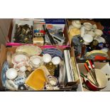 FOUR BOXES OF TEA/KITCHEN WARES etc, to include Colclough and Royal Vale, Myott 'Old Willow',