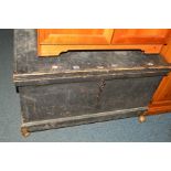 A VICTORIAN STAINED PINE TOOL CHEST with double drop handles on casters, width 94cm x depth 52cm x