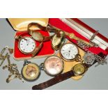 A COLLECTION OF FOUR POCKET WATCHES AND THREE WRISTWATCHES, to include a boxed Excalibur watch, a