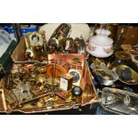 TWO BOXES AND LOOSE METALWARES, SUNDRIES ETC, to include scales, weights, oil lamps (converted to
