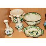 FIVE PIECES OF MASONS 'CHARTREUSE', to include two bud vases, jardiniere (small), octagonal shaped