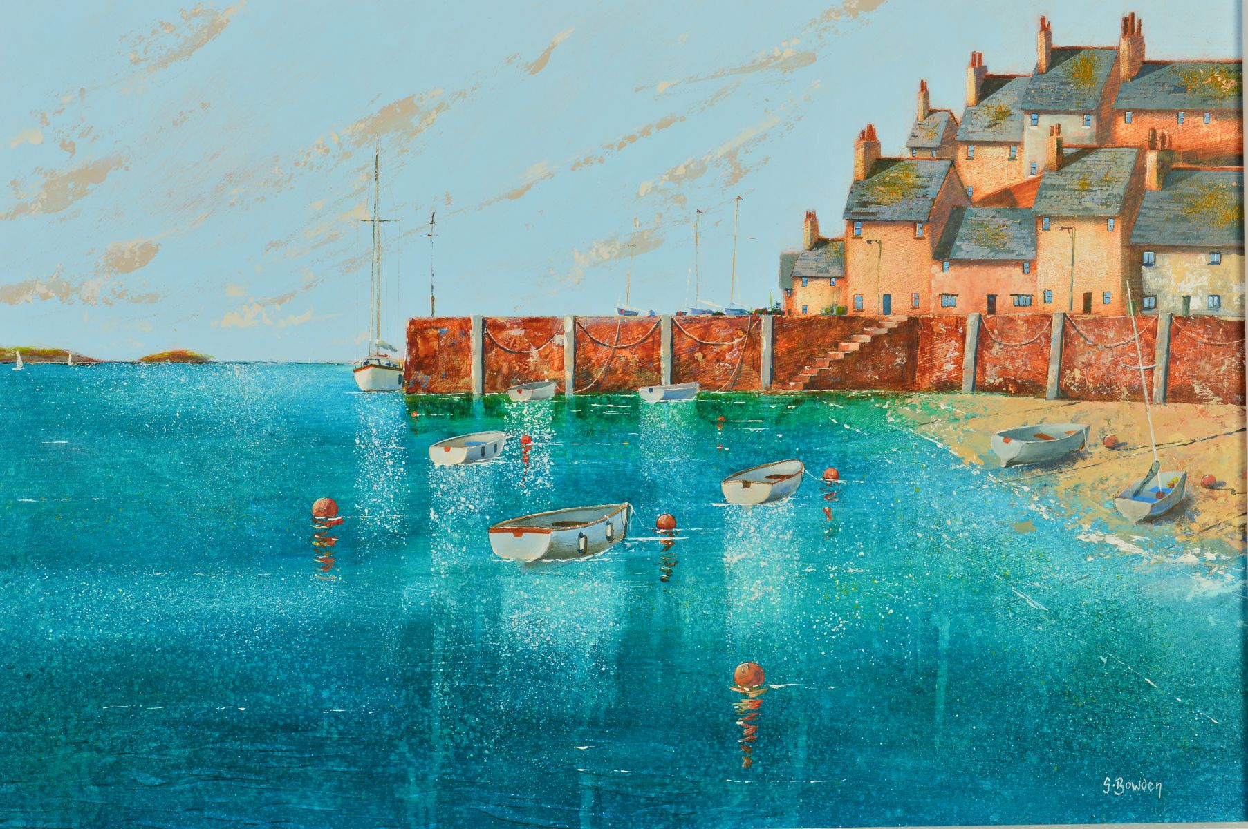 STEVE BOWDEN (BRITISH CONTEMPORARY) 'BEACHSIDE', dinghy's moored beside a harbour and fishermen's - Image 2 of 3