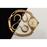 A 9CT GOLD WATCH AND TWO PAIRS OF HOOP EARRINGS, the watch with circular face, Arabic numerals,