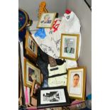 A BOX OF SUNDRIES, to include signed photographs of Des O'Connor, Cilla Black, Gloria Hunniford,