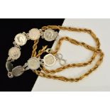 TWO ITEMS to include a silver three penny bracelet and a modern fancy gold plated chain