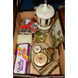 A BOX OF PETIT POINT DRESSING TABLE ITEMS, Dinky Toys petrol pump station, compacts, scarves,