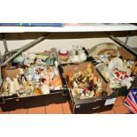 FIVE BOXES AND LOOSE CERAMIC ITEMS ETC, to include ornaments, Buddah figures, cats, Doulton