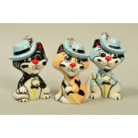 A LORNA BAILEY THREE MUSKETEERS CATS, all with signature, height 13cm (3)