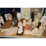 A QUANTITY OF UNGLAZED POTTERY AND PLASTER BUSTS, pottery plaques, resin bust of a horse's head, etc