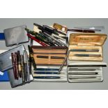 A SMALL BOX OF PENS, to include three cased Parker sets, other Parker pens, Conway pens, Sheaffers