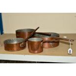 FOUR 19TH CENTURY COPPER SAUCEPANS, all bear names or coronets, including Powis Castle, walcot and
