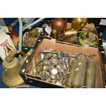 THREE BOXES OF METALWARES AND A BRASS BAR/SHIPS BELL, the boxes containing horse brasses, bar