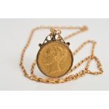 A SOVEREIGN PENDANT NECKLACE, designed as a full sovereign Victoria 1869, within a 9ct mount