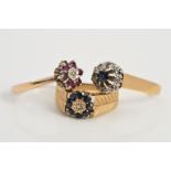 THREE 9CT GOLD GEM CLUSTER RINGS, the first designed as a central single cut diamond in an