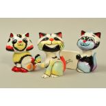 THREE LORNA BAILEY CATS, one holding 'Lorna Bailey' signed plaque, one holding Butterfly and the