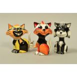 THREE LORNA BAILEY CATS, to include Cat holding a mouse, seated black and white cat looking