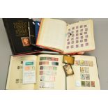 FIVE STAMP ALBUMS AND LOOSE, and two reference books