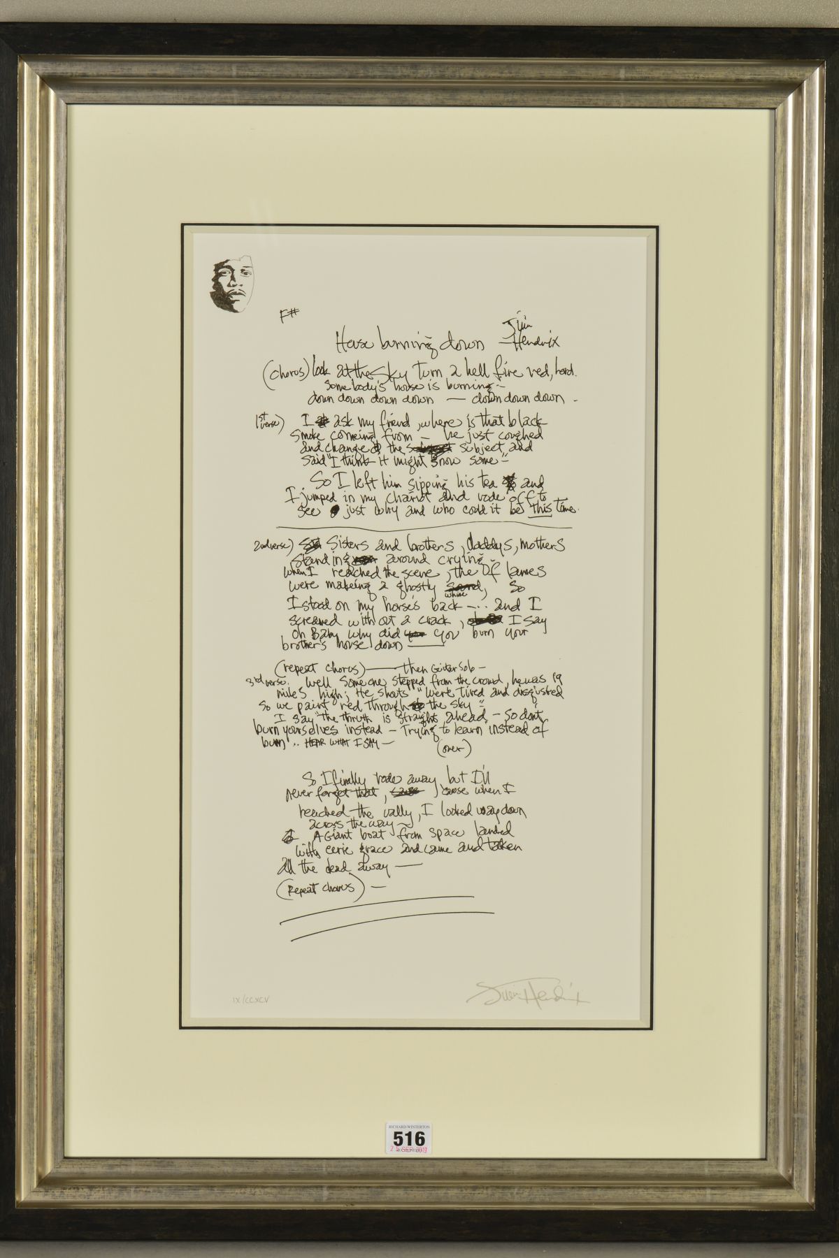 JIMI HENDRIX (AMERICAN 1942-1970) 'HOUSE BURNING DOWN', a limited edition print of the song lyrics