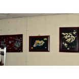 THREE CHINESE DRAGON PICTURES, the first is a colourful ceramic dragon holding a pearl, mounted on