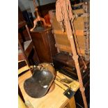 A VICTORIAN COPPER COAL BUCKET, a collection of brass fire irons and a brass and metal window winder