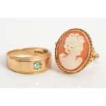 TWO RINGS, to include a 9ct gold cameo ring, shell cameo depicting a maiden in profile, twist rope