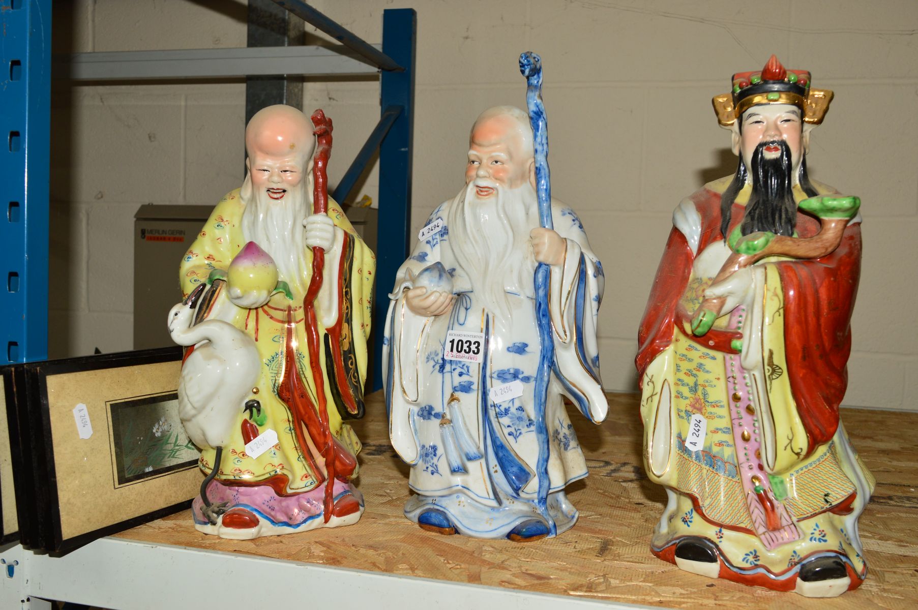 THREE 20TH CENTURY PORCELAIN FIGURES OF ORIENTAL ELDERS, unmounted and a set of four watercolours of