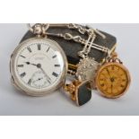 TWO EARLY 20TH CENTURY POCKET WATCHES AND AN ALBERT CHAIN, the first stamped 14k to the inside of