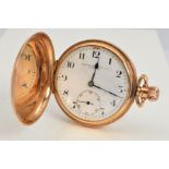 A 9CT GOLD FATTORINI & SONS FULL HUNTER POCKET WATCH, case measuring approximately 50mm, white
