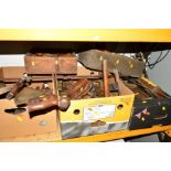 THREE BOXES AND TWO WOODEN CRATES containing various vintage hand tools, to include chisels, saws,