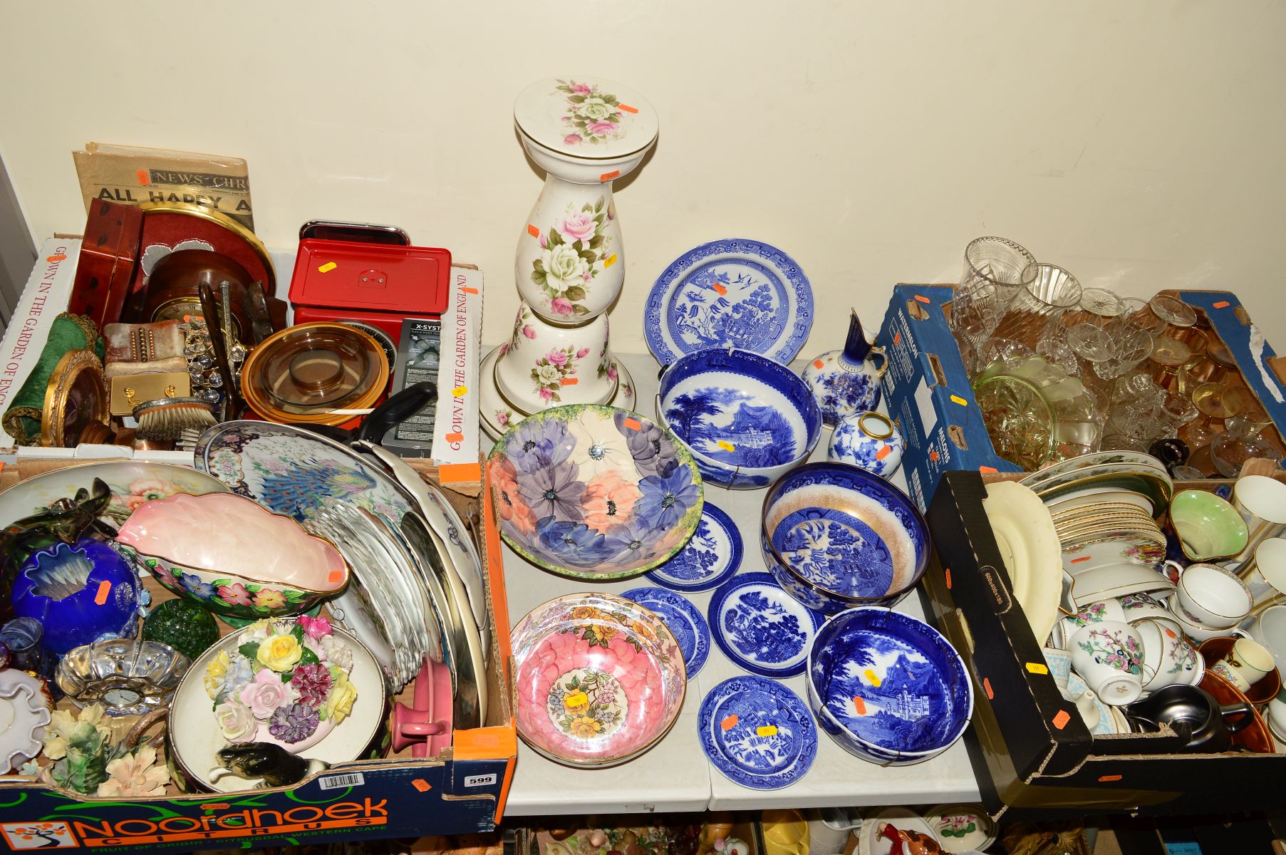 FOUR BOXES AND LOOSE CERAMICS AND GLASS WARES ETC, to include Royal Doulton 'Hampton Court',