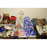 FOUR BOXES AND LOOSE CERAMICS AND GLASS WARES ETC, to include Royal Doulton 'Hampton Court',