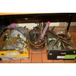 TWO BOXES AND LOOSE METALWARES, to include copper coal scuttle, fire irons, kettles, modern wall